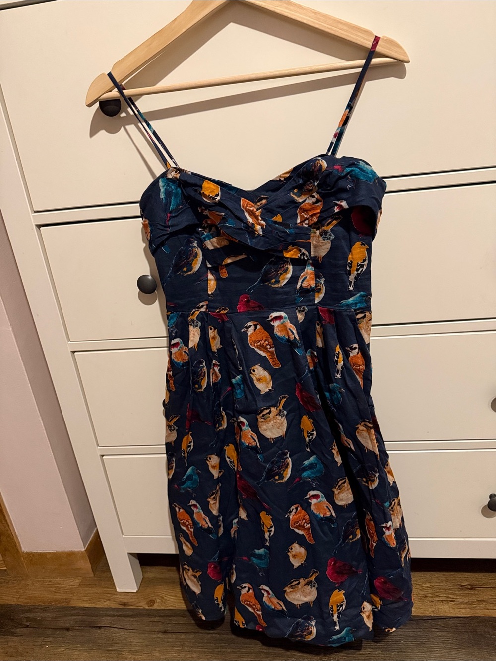 Anthropologie Maeve Navy Bird-Print Lined Dress